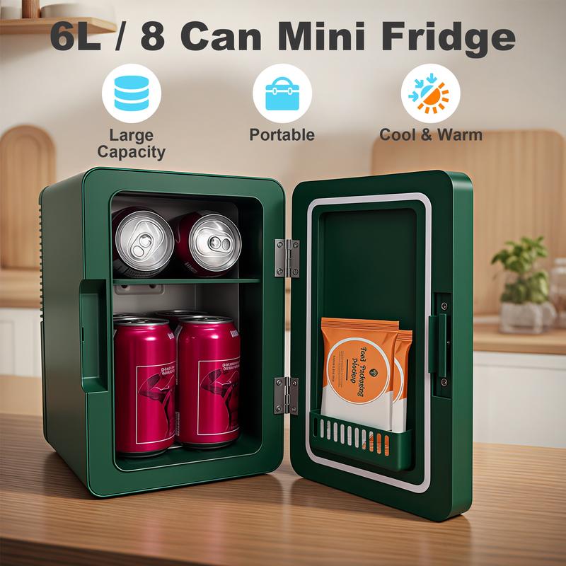 iceBLUE Mini Skincare Fridge (6 Liter/8 Cans) with Dimmable LED Light Mirror, Cooler and Warmer for Refrigerating Make Up, Skin Care and Food, Portable Personal  Fridge for Bedroom, Office and Car, Green skincare mini  brands  fridge Beauty Refrigerator