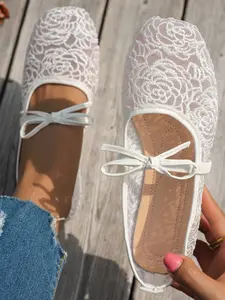 Women's Flat Shoes, Fashion Lace Ballet Style, One Strap Mesh Shoes, Outdoor Casual Breathable Slip-On Loafers, All Seasons
