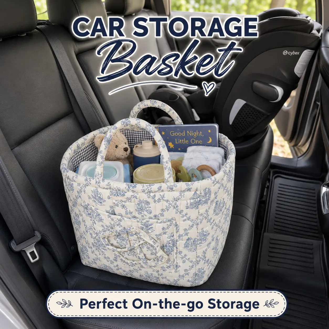 Washable Quilted Floral Fabric Storage Basket, for indoor household sorting and car backseat & trunk interior organizer, soft cotton woven storage container, spacious volume, aesthetic decorative storage tool