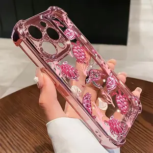 Pink Turtle Pattern Four Corner Anti-Fall Phone Case Transparent Electroplated Protective Cover for IPhone 16 Pro Max 15 Plus 14 13 12 11 E