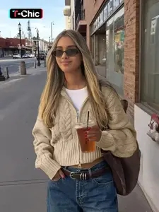 Women's Fall Winter Fashion Casual Zipper Stand Collar Fitted Knit Cardigan, Long Sleeve, Elegant Retro Design Sweater, Versatile Office Wear, Knitwear, Womenswear, Knitting, for Lady