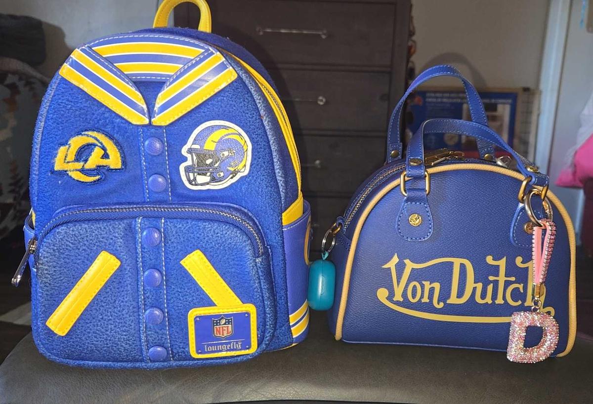 Item: Von Dutch Navy Blue and Gold Two-Tone Bowling Bag