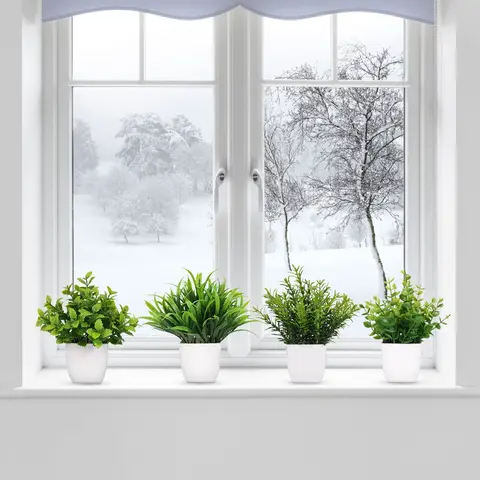 4 Pot Small Fake Plant Flowerpot Artificial Plastic Eucalyptus Plant Wheat Grass Shrub Plant Indoor Desk Coffee Table Bathroom Bedroom Home Decoration
