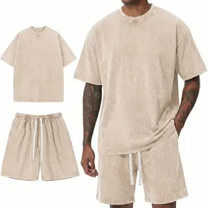 Men's 100% Cotton Vintage Washed Oversized Matching 2-Piece Shortsleeve Tee & Shorts Set - Oatmeal Beige, Menswear Old Money Quiet Luxury Aesthetic, Soft Casual Summer Streetwear with Pockets