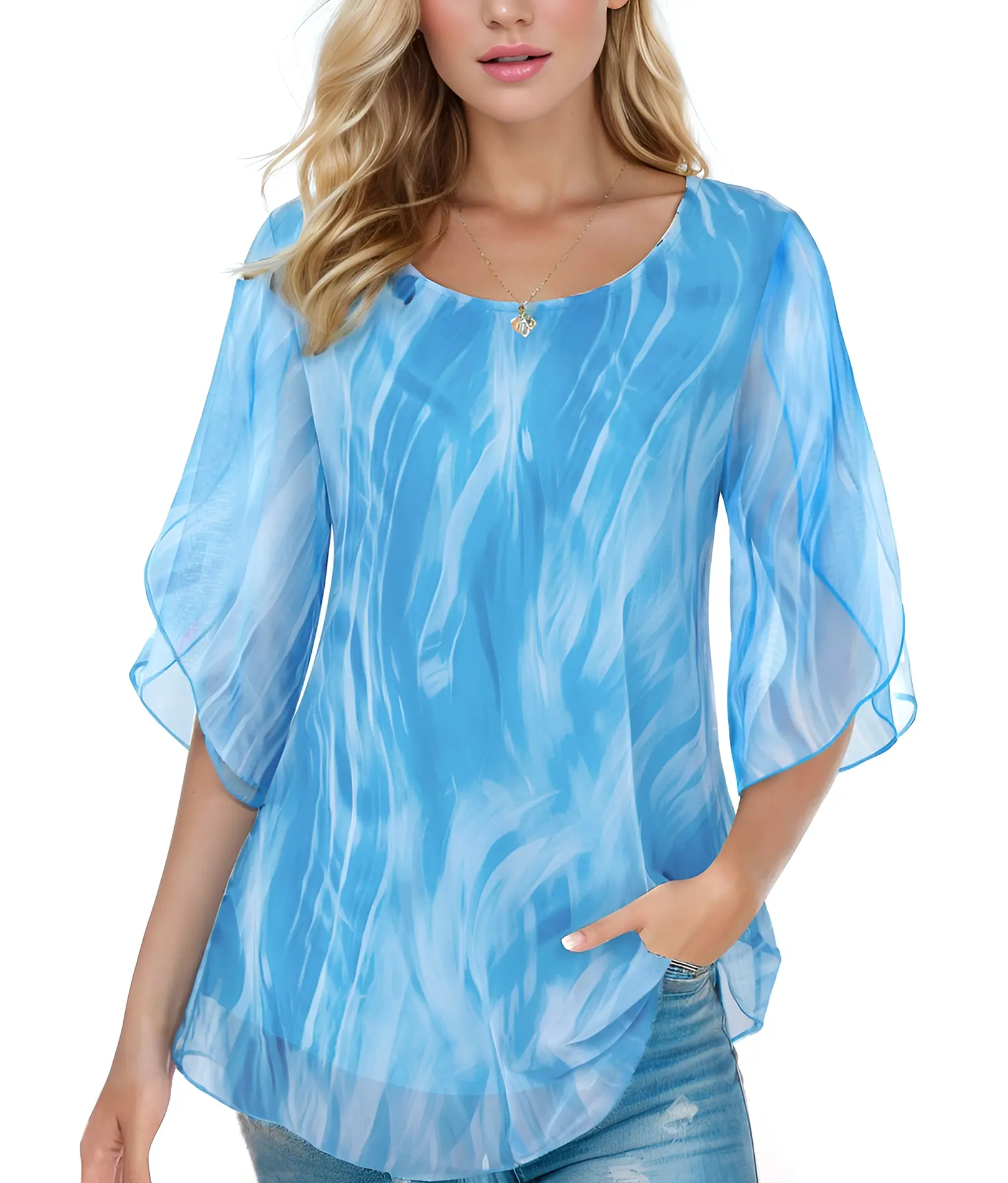 ZEAGOO Women's Soft Layered Chiffon Blouse with 3/4 Bell Sleeves, Comfy Casual Top for Party and Evening Wear, Ready to Wear