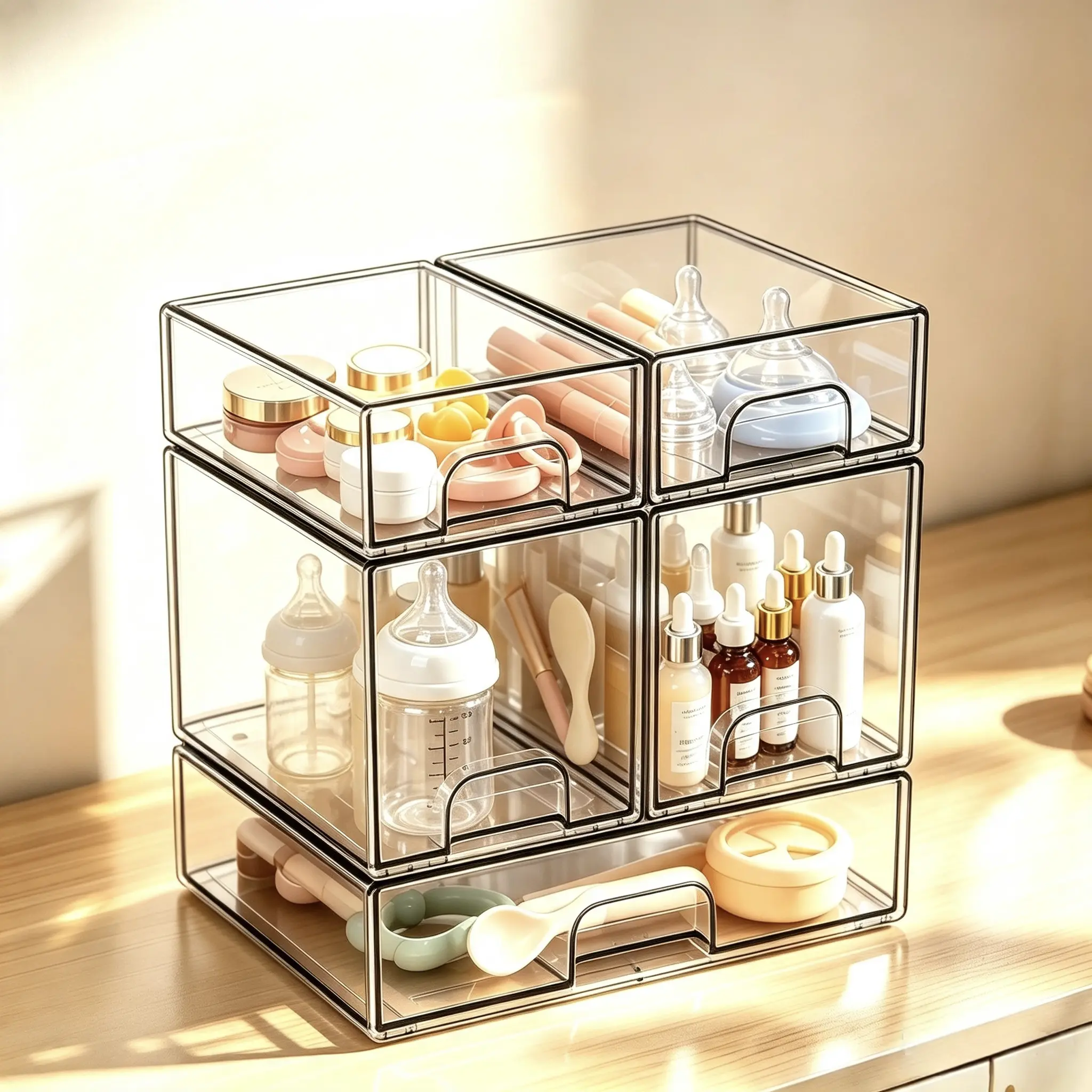 Set of 5 stackable transparent storage drawers, plastic storage boxes that can store baby bottles and beauty essentials; suitable for kitchen countertops, vanity tables, bathrooms, cabinets, and storage rooms—make home organization easy.