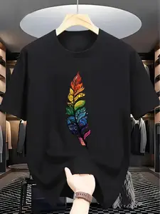 Fashionable Summer Colorful Feather Print T-Shirt, Suitable for Both Men and Women, Exquisite Gift for Art Lovers, Machine Washable and Easy to Care for, Adds a Colorful Fashionable Touch to Your Summer Outfits