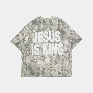 Camo Graphic T Shirt Model Jesus Is King Print Heavyweight Cotton Tee Vintage Washed Durable Breathable Streetwear Christian Gift for Men Women