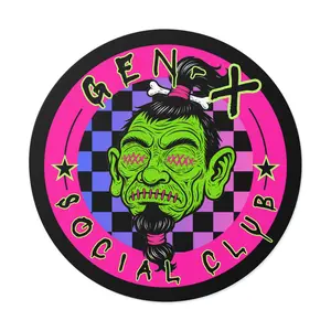 Gen X Social Club zombie head Round Sticker | neon punk checkerboard vinyl