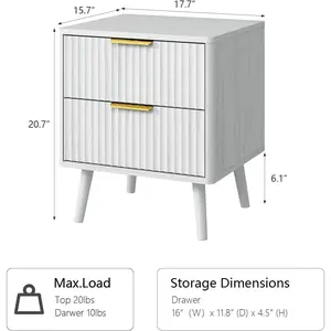 White Fluted Nightstand with 2 Drawers, 18'' Wide Bedside Table for Bedroom, Modern Night Stand with Gold Metal Legs, Small Space End Table(White, 1 Piece)
