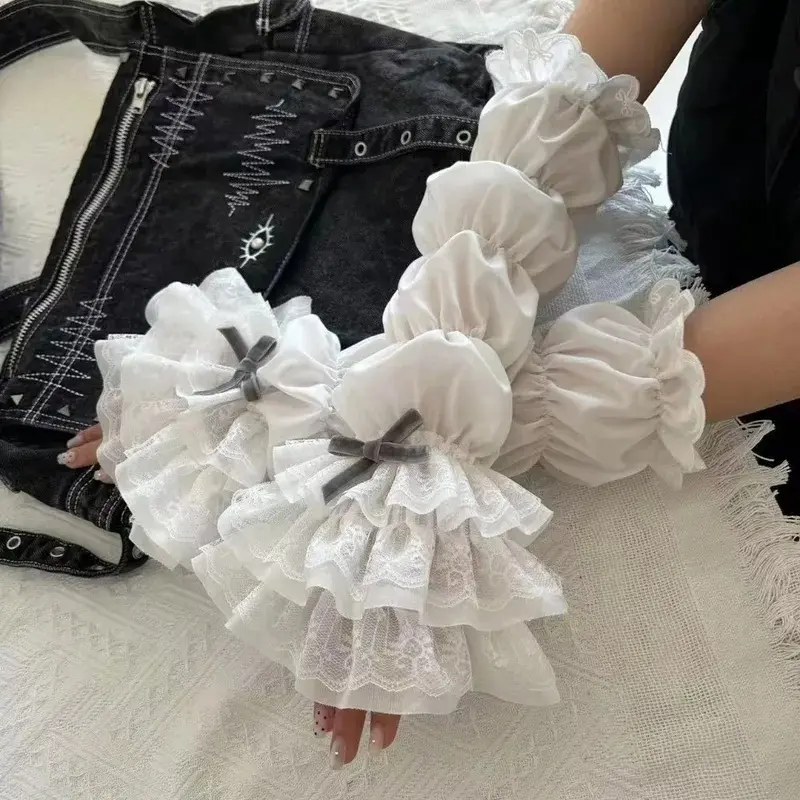 Y2K Lolita Jk Lace Fingerless Gloves Kawaii White Lace Women Sleeve Cover Ballet Strap Bow Cosplay JK Clothing Accessories