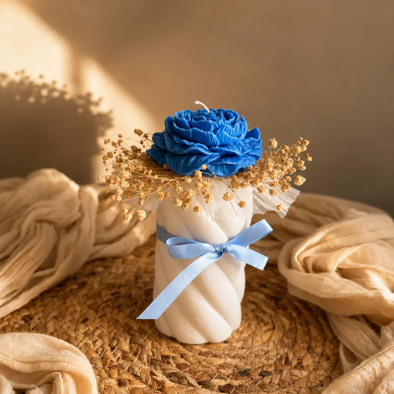 Blue Rose Twisted Pillar Candle with Dried Florals | Artisan Soy Candle