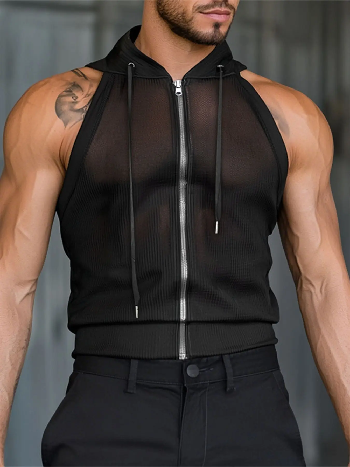 INCERUN Men's Fashion Casual Transparent Zipper Design Pure Color Hooded Vest,  Perfect for Daily Wear, Stylish and Comfortable