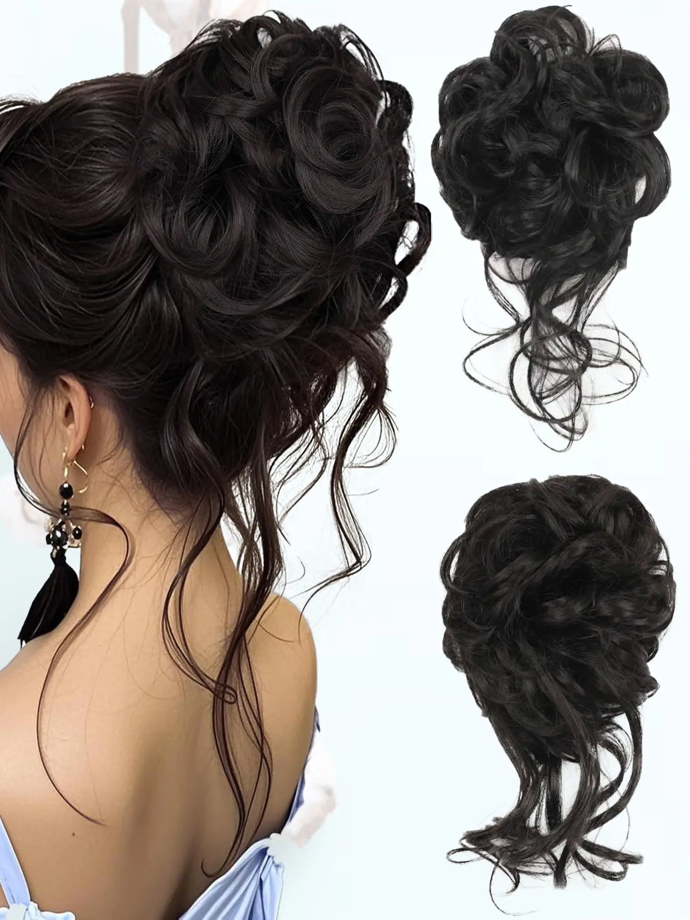 100% Human Hair Messy Bun Extension with Elastic Band for Natural Updos RUWISS Natural Black Messy Bun Hair Piece - 100% Human Hair  main image 2