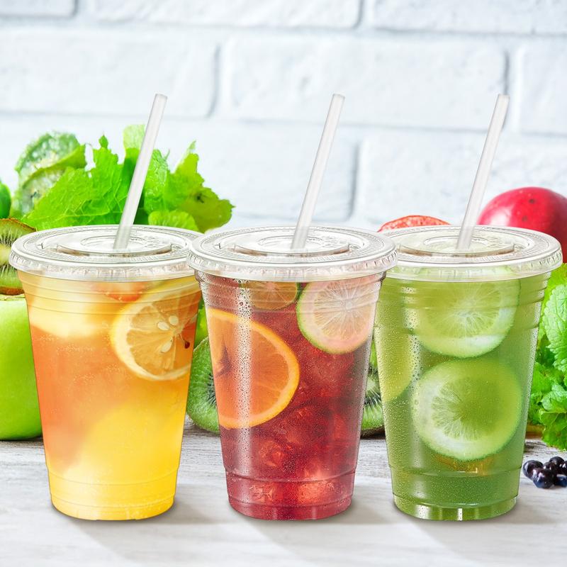 100-Pack Disposable Cold Drink Cups with Lids and Straws Transparent Plastic Cups 12oz to 24oz Sturdy BPA-Free for Parties Picnics Barbecues and Travel