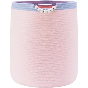 90L Large Pink Woven Rope Laundry Hamper Basket Boho Tall Rope Baskets for Clothes Blanket Baby Nursery Hamper for Girls Kids 17"Wide 22"Tall