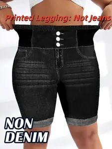 Women's Printed Leggings Non-Denim Fabric, Casual Fashion Tight Shorts, Elastic Fake Jeans Print, All-Season Comfort