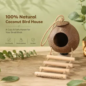 Natural Coconut Bird House | Safe Chewable Nest for Budgies, Cockatiels & Lovebirds | Cozy Hanging Bird Hut 14cm/10cm Cage Shelter