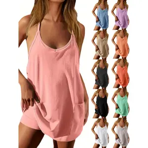 2026Women'S Lightweight Sleeveless Mini Dress With Built-In Shorts And Pockets - Casual Fitness Sport, Home Wear, 12 Solid Colors Machine Washable Summer Nightgown, Soft Fabric