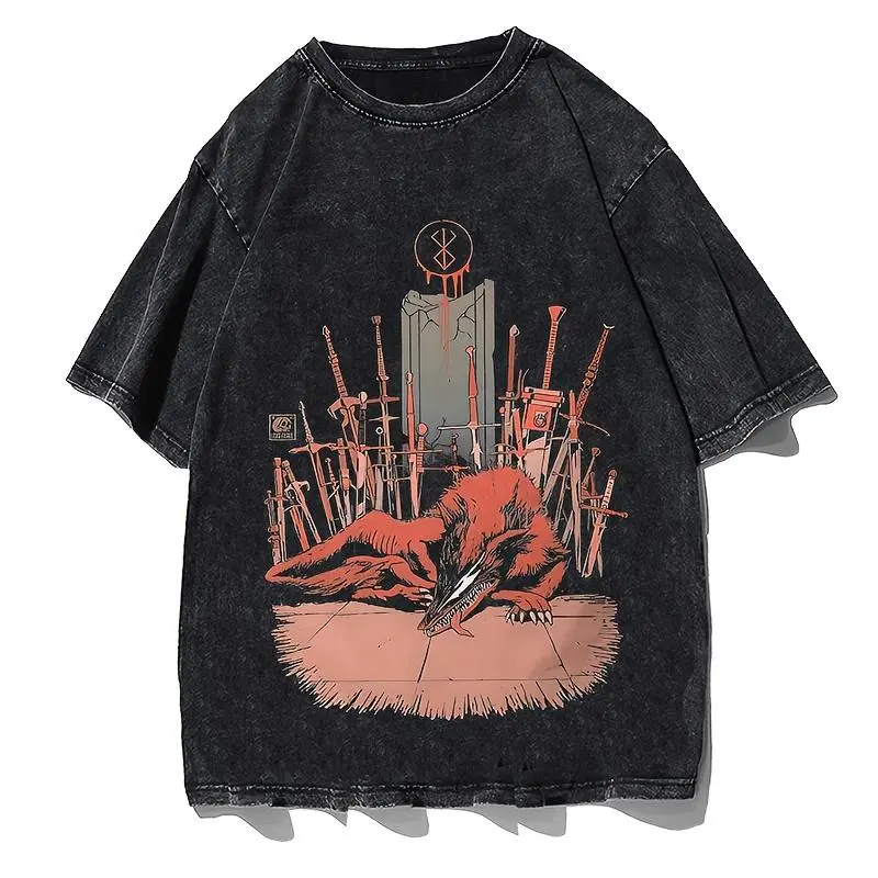 Men's Oversized Vintage T-Shirt, Distressed Streetwear Anime Graphic Print, Short-Sleeve Festive Pop-Culture Menswear Top, Tshirt