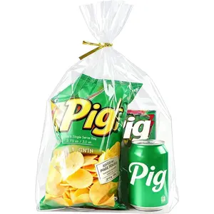 10"x 14", 50 count Bottom Gusset Bags, Clear Plastic  Cellophane Mug  Goodie Bags with 50x Twist Ties, Large Party Favor Packaging,  Wrapping (No Side Gusset)