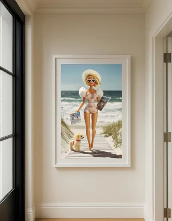 [25% OFF] [UNFRAMED]    Retro Beach Barbie Poster – Vintage Doll with Magazines & Poodle, Glam Coastal Wall Art