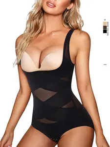 Women's Solid Color Open Bust Adjustable Hook & Eye Closure Crotch Shapewear Bodysuit, Breathable Comfortable Tummy Control Push Up Chest Shaper Bodysuit