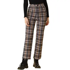 Allegra K Women's Plaid Tartan High Waisted Button Casual Pants Small Brown