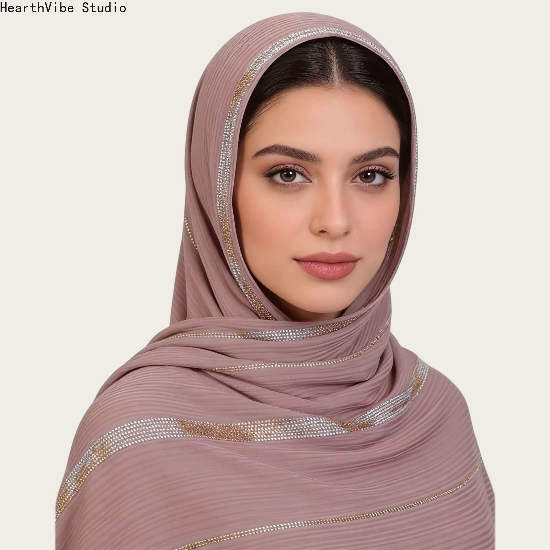 Women's Pleated Soft Chiffon Hijab - Luxury Mauve Shawl with Metallic Gold-Silver Stripes, Breathable for Wedding, Spring Wear (Sports Headband Accessory)