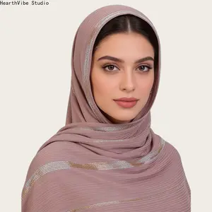 Elegant Mauve Plisse Hijab with Silver & Gold Sequin Stripes - Premium Pleated Glitter Headscarf, Soft Breathable Muslim Women Shawl for Eid, Wedding & Party Wear