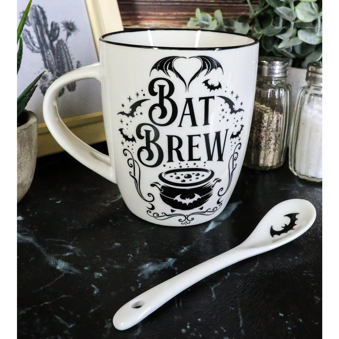 Wicca Occult Magic Bat Brew Spell Cauldron Porcelain Coffee & Tea Cup Set with Washable Pottery Stirring Spoon