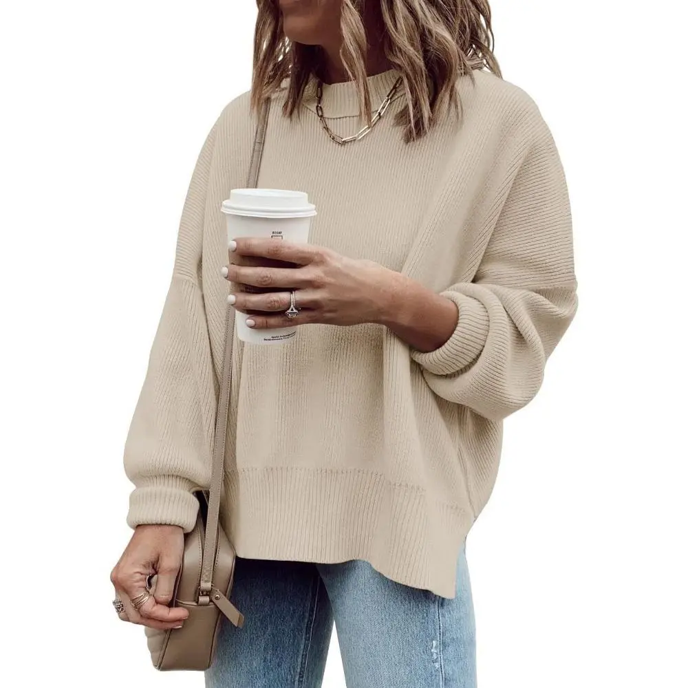 Saodimallsu Women's Oversized Long-Sleeve Ribbed Knit Tunic Sweater - Lady's Slouchy Crewneck Side Slit Pullover, Basic Casual Style Loose-Fit Womenswear Knitwear for Fall, Longsleeves, Round Neck, Tops, Chic