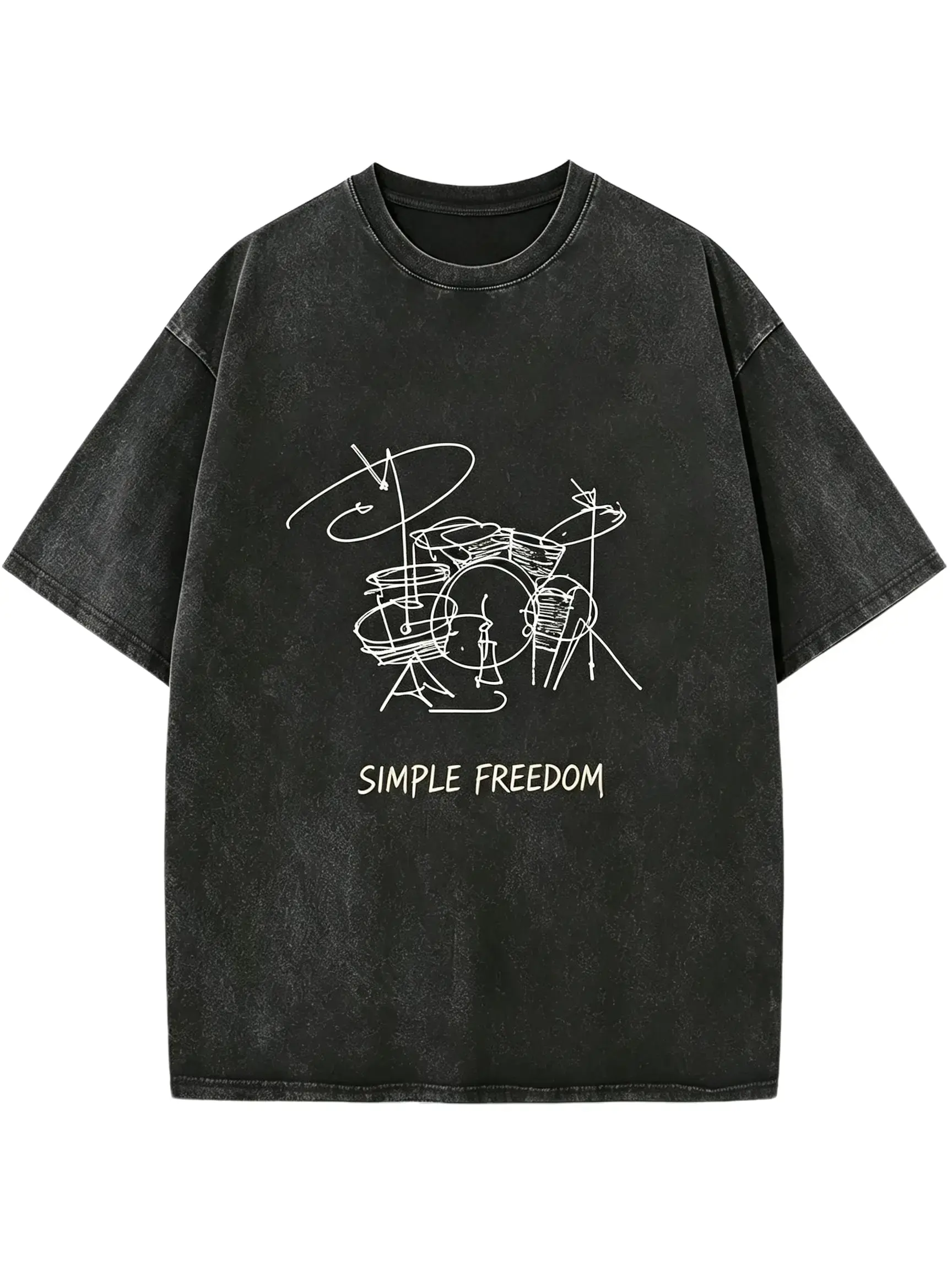 Men's Vintage Washed Round Neck Tee - "SIMPLE FREEDOM" 1-Line Drum Kit Graphic, Minimalist Oversized Distressed Black Shortsleeve Unisex Menswear Casual Indie Rock Drummer Streetwear Top