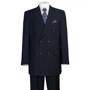 Mens Classic Double Breasted Peak Lapel Suit in Navy Blue Pinstripe