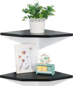 Corner Wall Shelves Set of 2, Rustic  Corner Floating Shelves with  Raceway, Wall Mount Storage Display for TV Accessories,  Monitor, Speaker,  Box (Black, - 12 Inch)