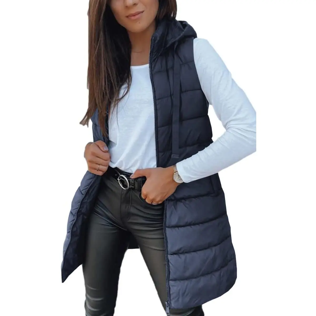 Imily Bela Lady's Long Puffer Vest - Outdoor Basic Street Wear Sleeveless Hooded Polyester Garment with Pockets, Lightweight Breathable Women's Top, Holiday, Long Fit, Machine Wash, Casual, Cold Wash, Do Not Dry Clean, Hang Dry, Outdoors, Side Slits