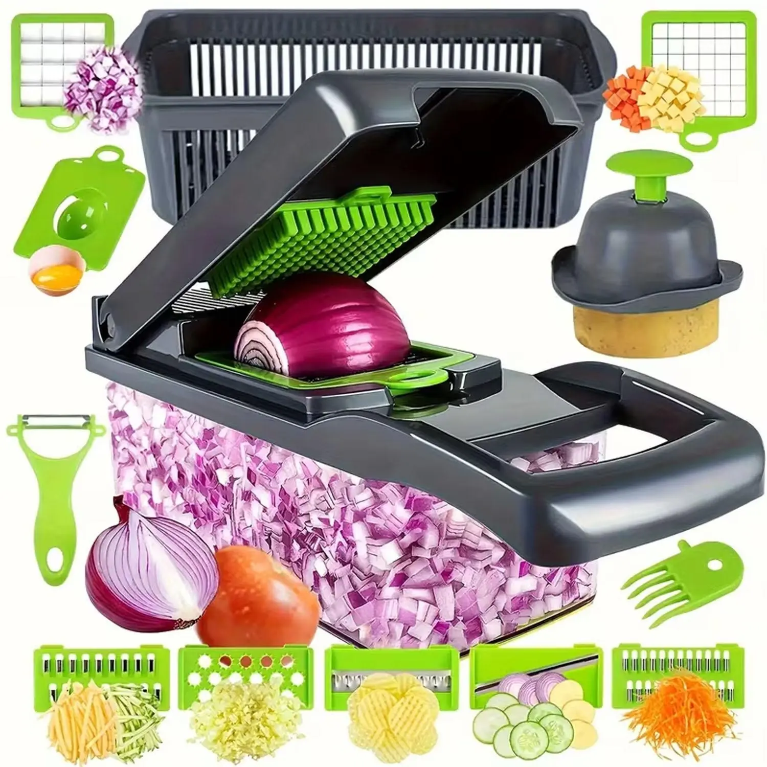 16-In-1 Heavy-Duty Manual Vegetable Chopper, Vegetable Cutting Slicer, Durable Vegetable Slicer, Multi-Functional Slicer Grater with Adjustable Blade, Non-Electric Kitchen Tool