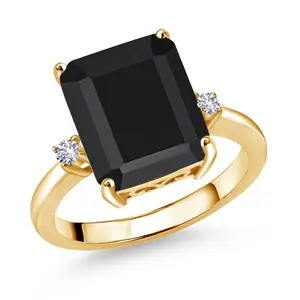 18K Yellow Gold Plated Silver 12X10MM Black Onyx and 2MM White Created Sapphire 3 Stone Engagement Ring For Women | 5.85 Cttw | Gemstone December Birthstone