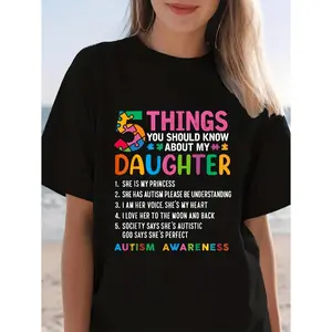 Women Autism Awareness T Shirt Featuring Five Key Insights About My Daughter Soft Breathable Short Sleeve Top with Puzzle Piece and Rainbow Design Autism Symbol Casual Fit for Spring and Summer Advocacy Gift for Mothers
