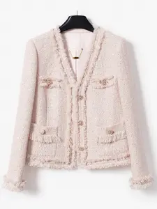 Elegant French Style Tweed V Neck Single Breasted Coat, Chic Women's Upper Garment for Fashionable, Romantic Aesthetic for Ladies