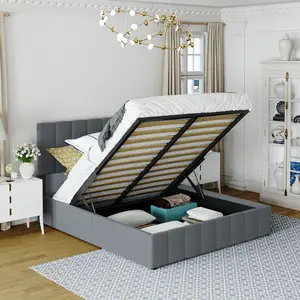 Modern Upholstered Lift Up Platform Bed Full Queen, Hydraulic Underbed Storage System, Beige Gray White Space Saving Bedroom Bed
