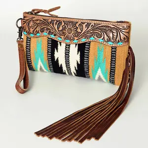 ADBG344 Southwestern Wool Wristlet Clutch with Tooled Leather Trim & Fringe Tassel