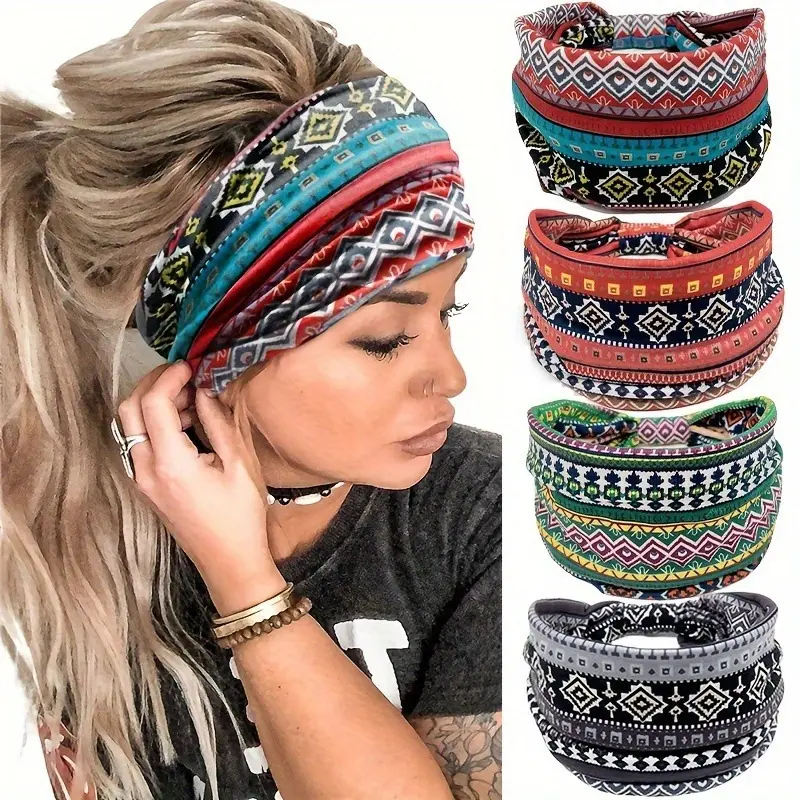 Women's 4-Pack Bohemian Wide-Fit Headbands - Athletic Workout Sweatbands, Boho Festive Colorful Party Hair Accessories for Festive & Party Supplies, Athletic Headbands, Boho Hair Accessories