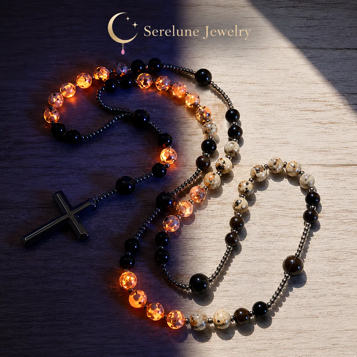 Serelune Jewelry Natural Obsidian Yooperlite Rosary UV Reactive Christian Religious Protection Jewelry Hematite Stone Cross Pendant for her, for him necklace Fashionable Collarbone Chain Elegant Rhinestone Men's Accessories Couples Set Faith Gift Ideas