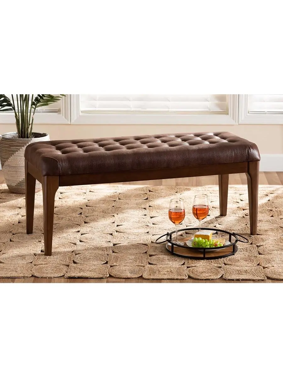 212 MAIN Walsh Mid-Century Modern Dining Bench, Button Tufted, Padded Foam, Dark Brown Leather-Effect Polyester Upholstery, Rubberwood with Walnut Brown Finish, Tapered Legs