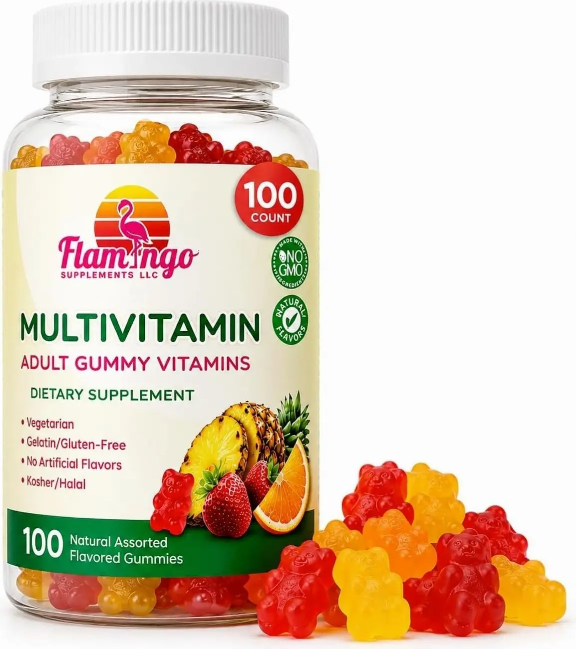 Flamingo Supplements Multivitamin Gummies | Vegan Friendly, Kosher Halal NO Gluten or Gelatin, no GMO| for Men, Women & Kids| 3 Natural Flavors | Vitamins C, B3, B12, Biotin, Zinc & More| 100 Gummies