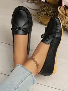 New Large Size Spring Summer All Season Casual PU Leather Loafers, Comfortable Slip-On Flat Shoes with Metal Buckle, Elegant Butterfly Knot Design