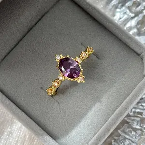 Purple Lilac Amethyst Birthstone Ring - Vintage Gold Lace Baguette Crystal Energy Ring