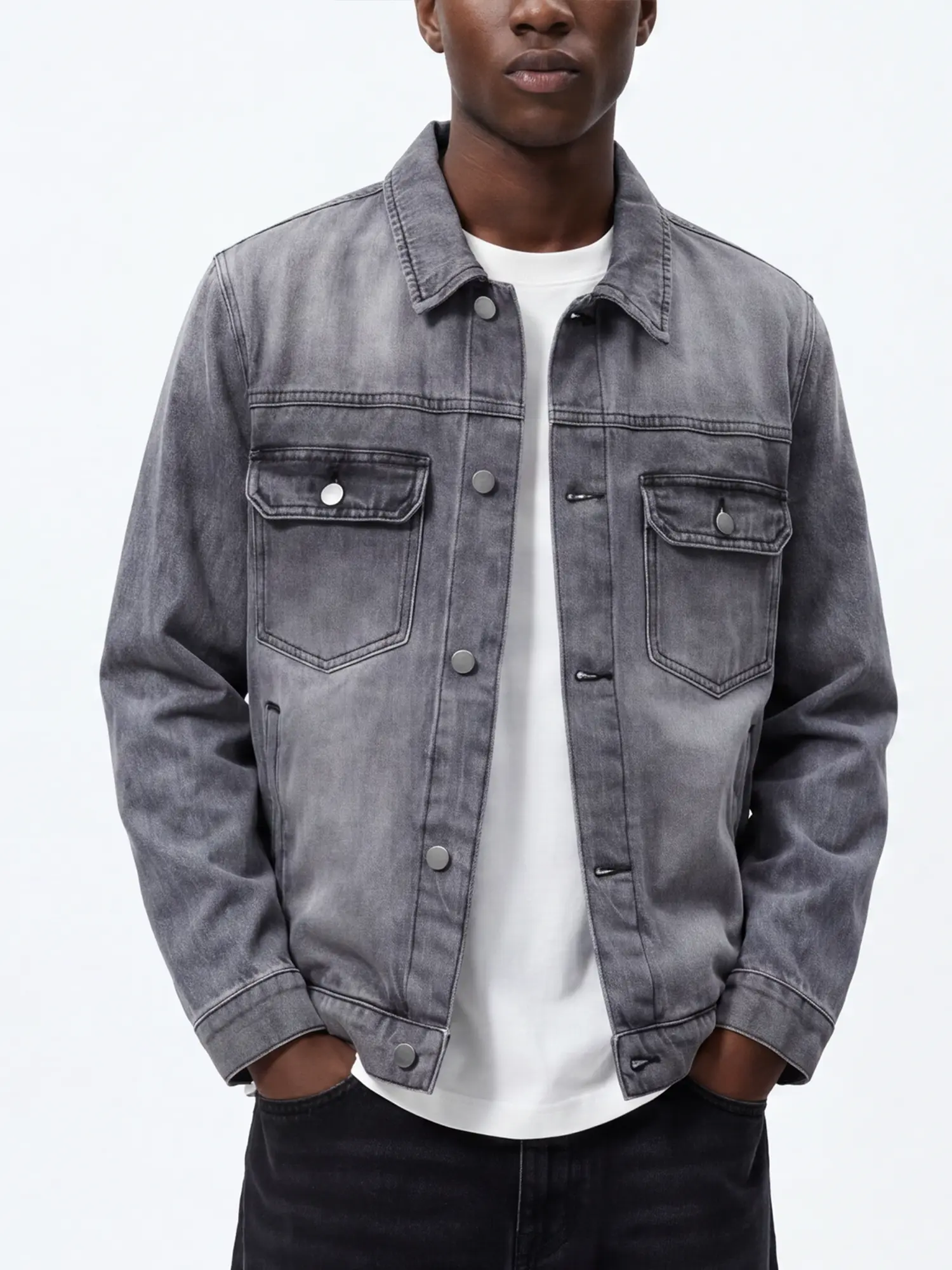 Men's Vintage Washed Pure Cotton Trucker Jacket - Light Grey Regular Fit with Flap Pockets, Soft Casual Streetwear Outer Coat, Hand Wash Ok Menswear Tops