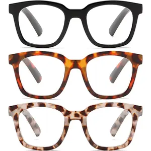 3 Pack Oprah Style Reading Glasses for Women Blue Light Blocking Square Readers, Anti Glare/Eyestrain Spring Hinge
